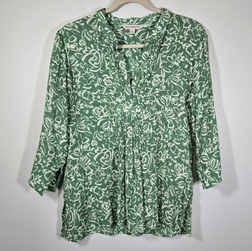Counterparts Green Floral Print Top Women’s Size‎ Medium 3/4 Sleeve Blouse